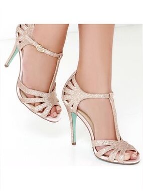 Betsey Johnson Champagne Glitter SB-Tee Ankle T-Strap Heels